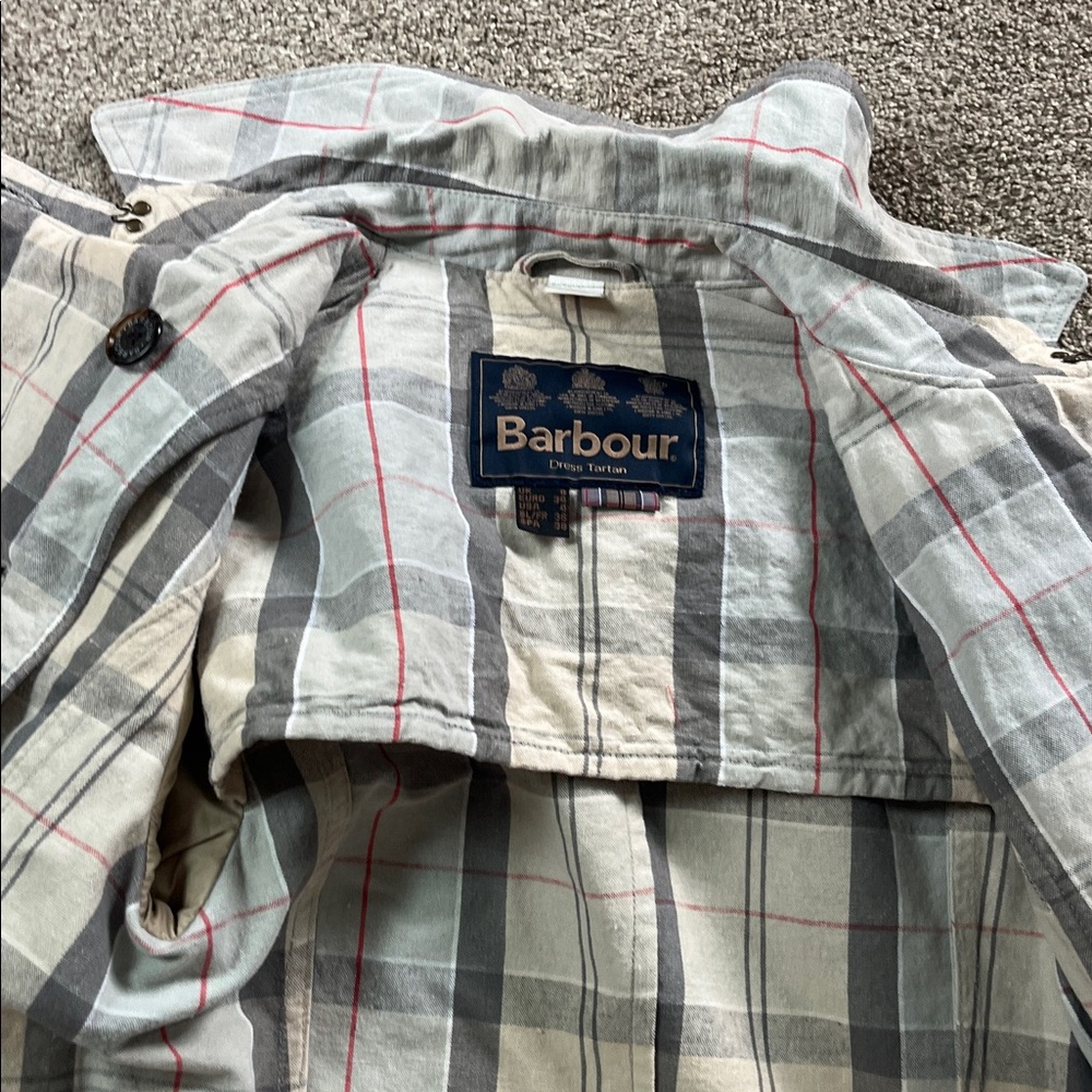 Classic Barbour Pastel Plaid sz4 Cotton Linen Tortoiseshell Hardware Trench EUC - Picture 13 of 16